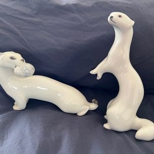 LFZ Lomonosov Porcelain Otter or Ferret Figurine Set Made in USSR signed